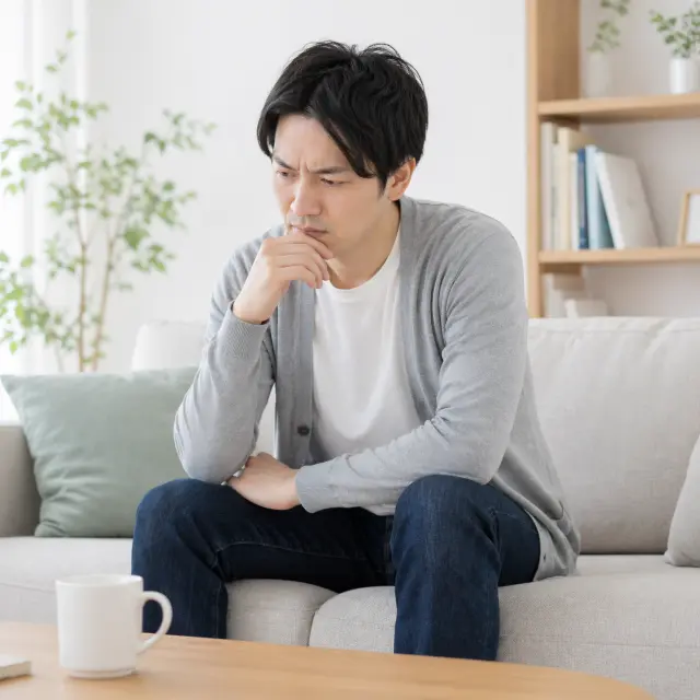 ソファーに座って額に手を当てる男性