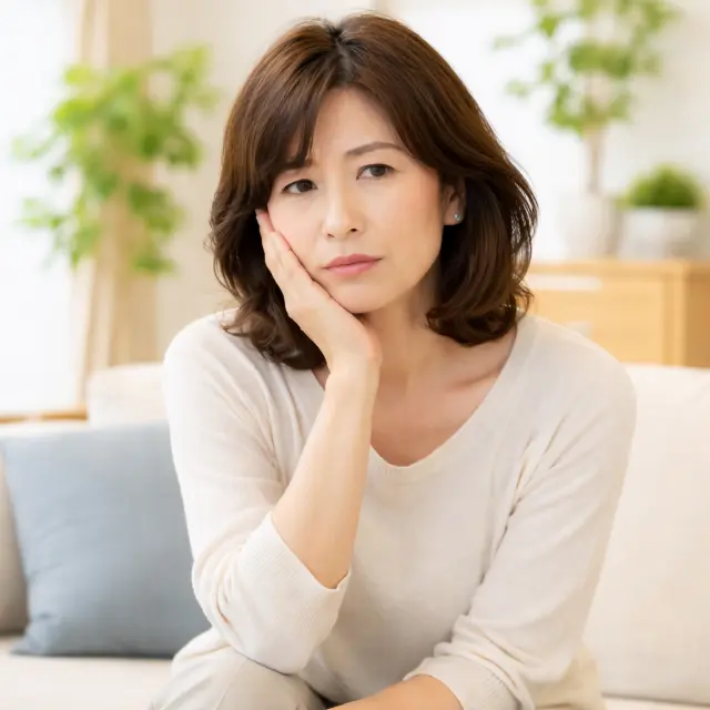 ソファーに座り顎に手を当てる女性