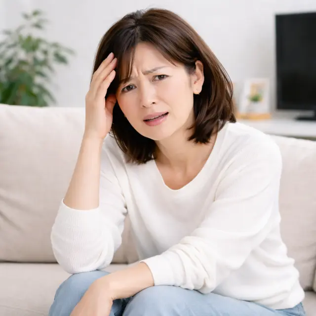 頭に手を当てている女性