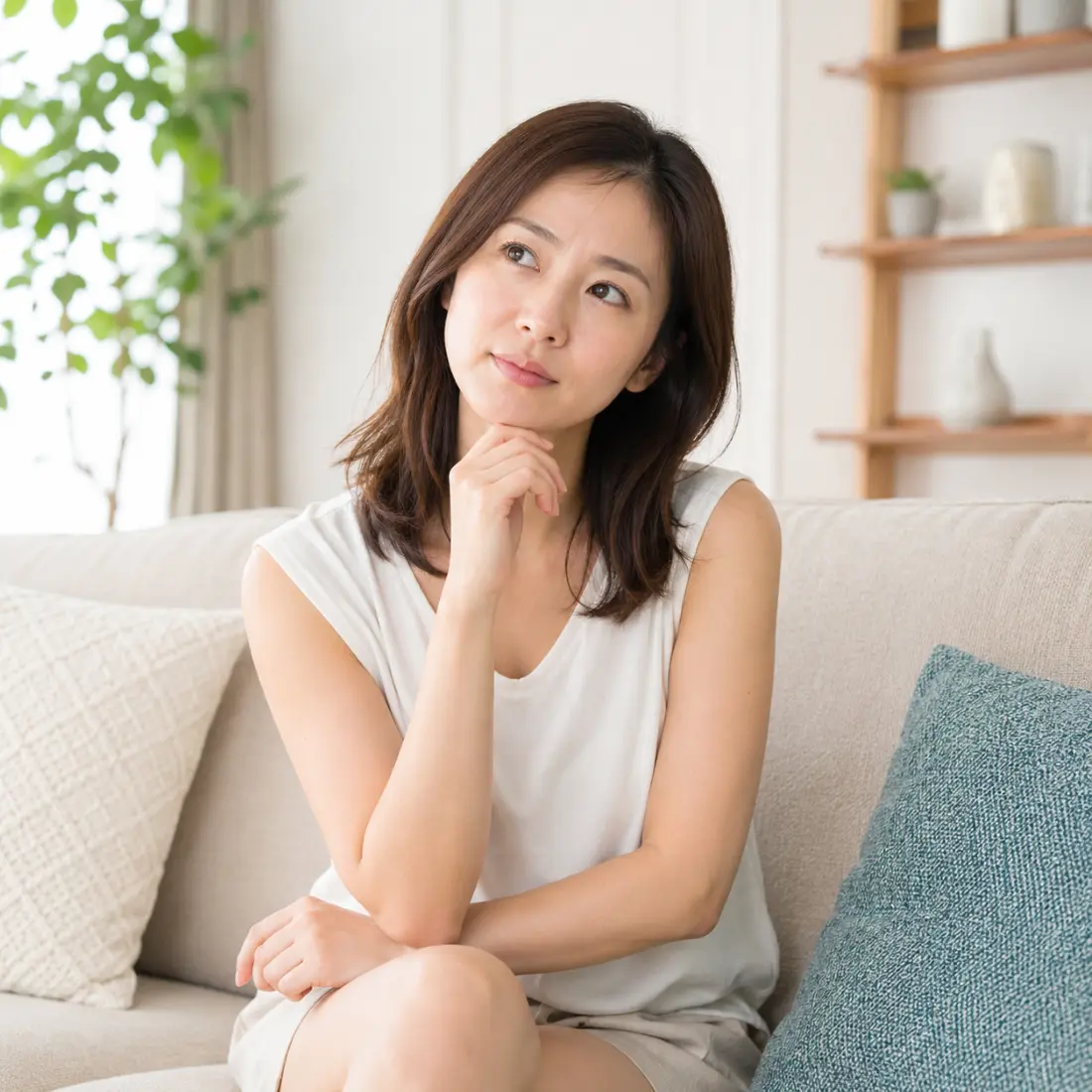 ソファーに座り顎に手を当てる女性
