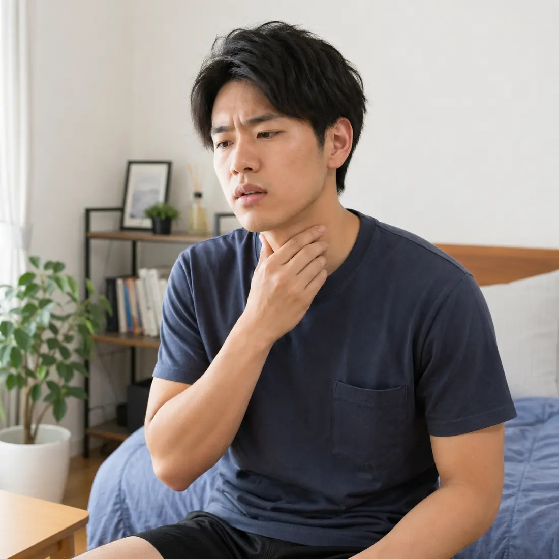 喉を手で押さえる男性