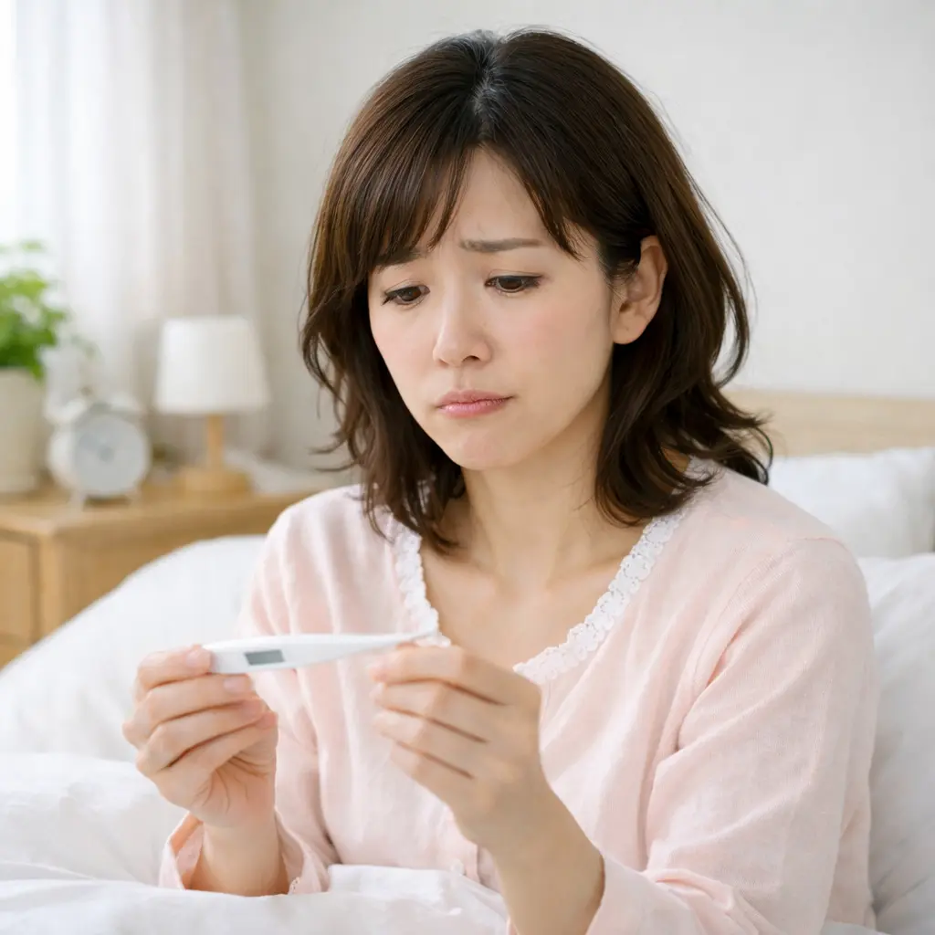 体温計を見ている女性