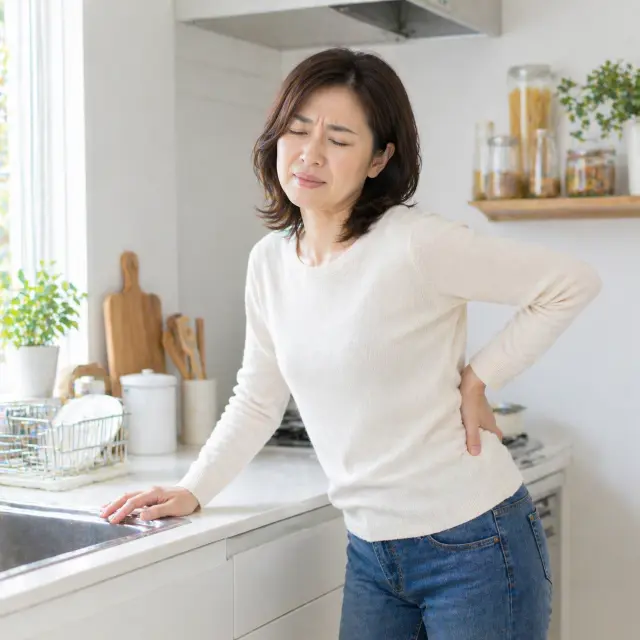 キッチンで腰に手を当てる女性
