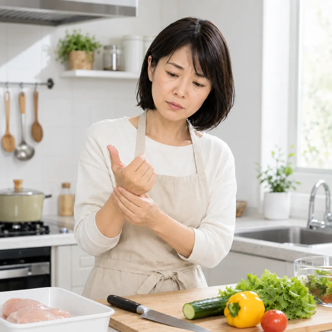 手元を見ながら手首を押さえている女性