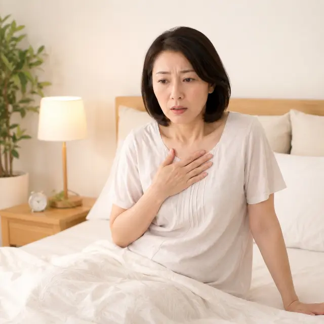 ベッドで胸に手を当てる女性