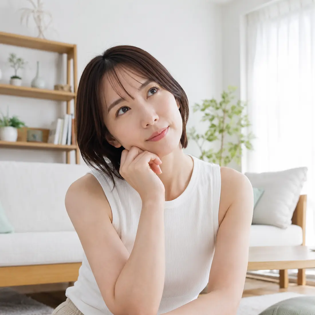 顎に手を当て床に座る女性