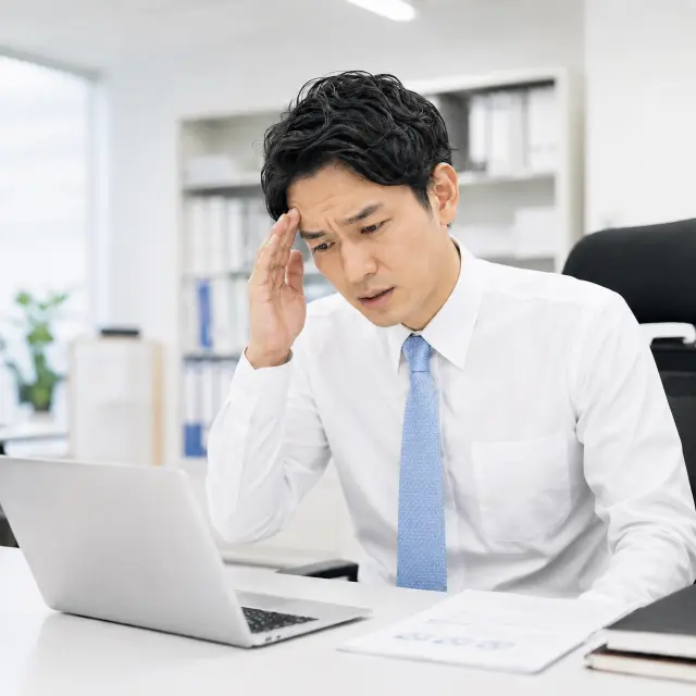 椅子に座り額に手を当てる男性