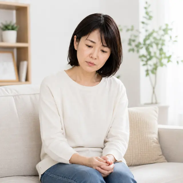 ソファーに座りうつむく女性