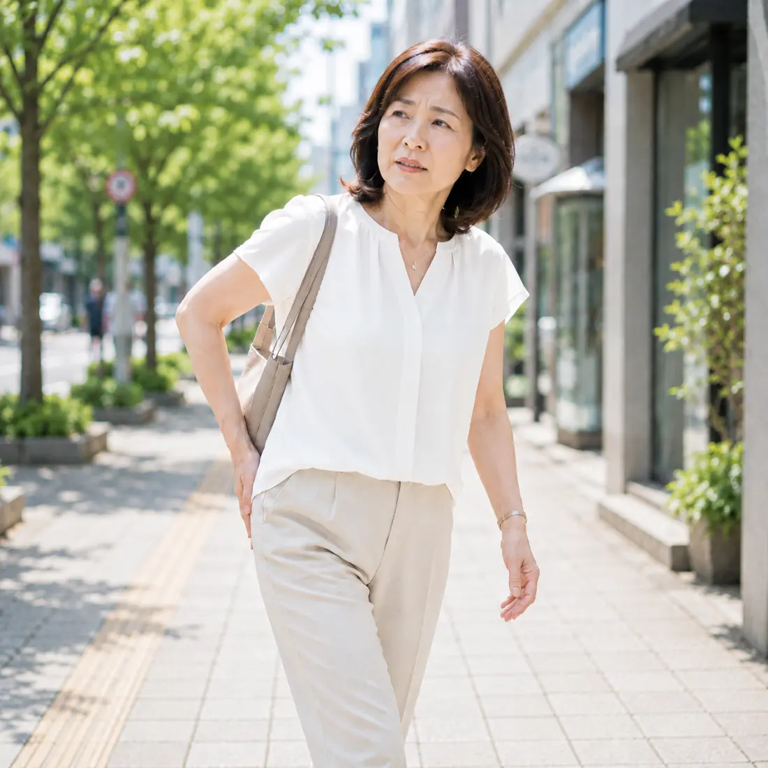 お尻を押さえて歩く女性