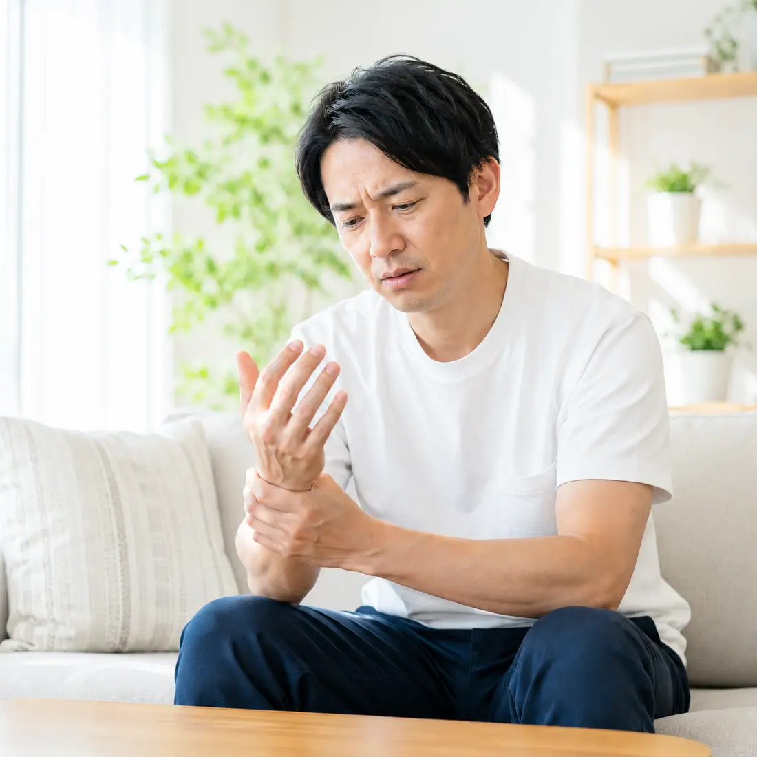 ソファーに座り手を見る男性