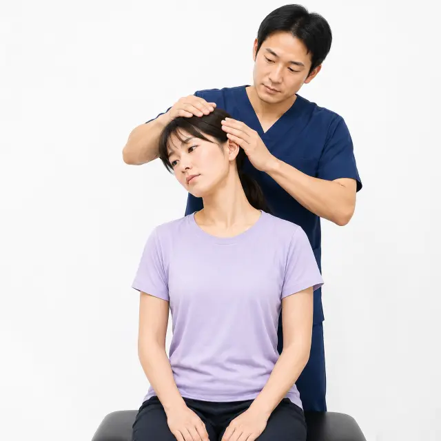 女性の首を後ろに倒し右に曲げる男性
