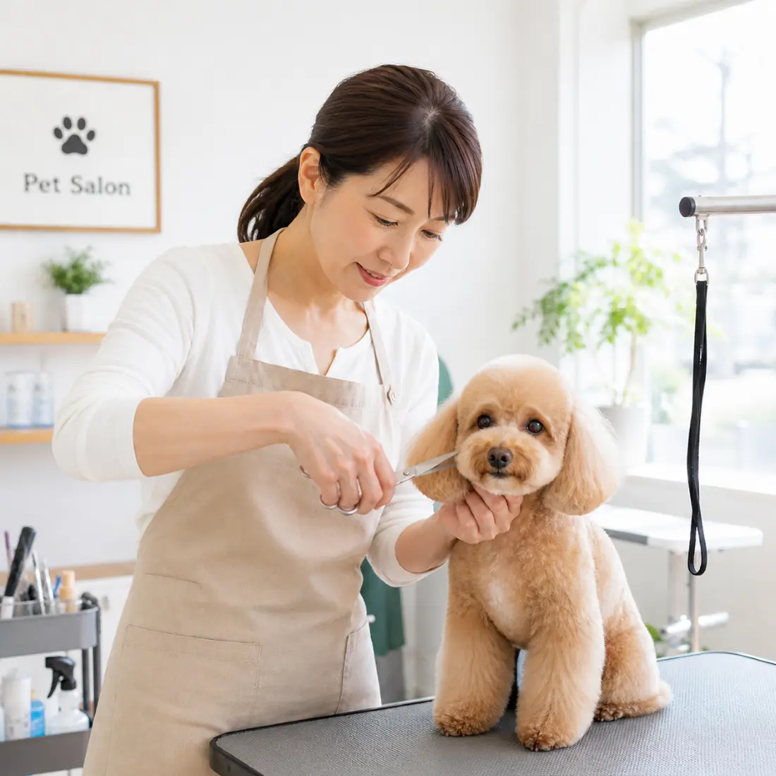 犬のトリミングをしている女性