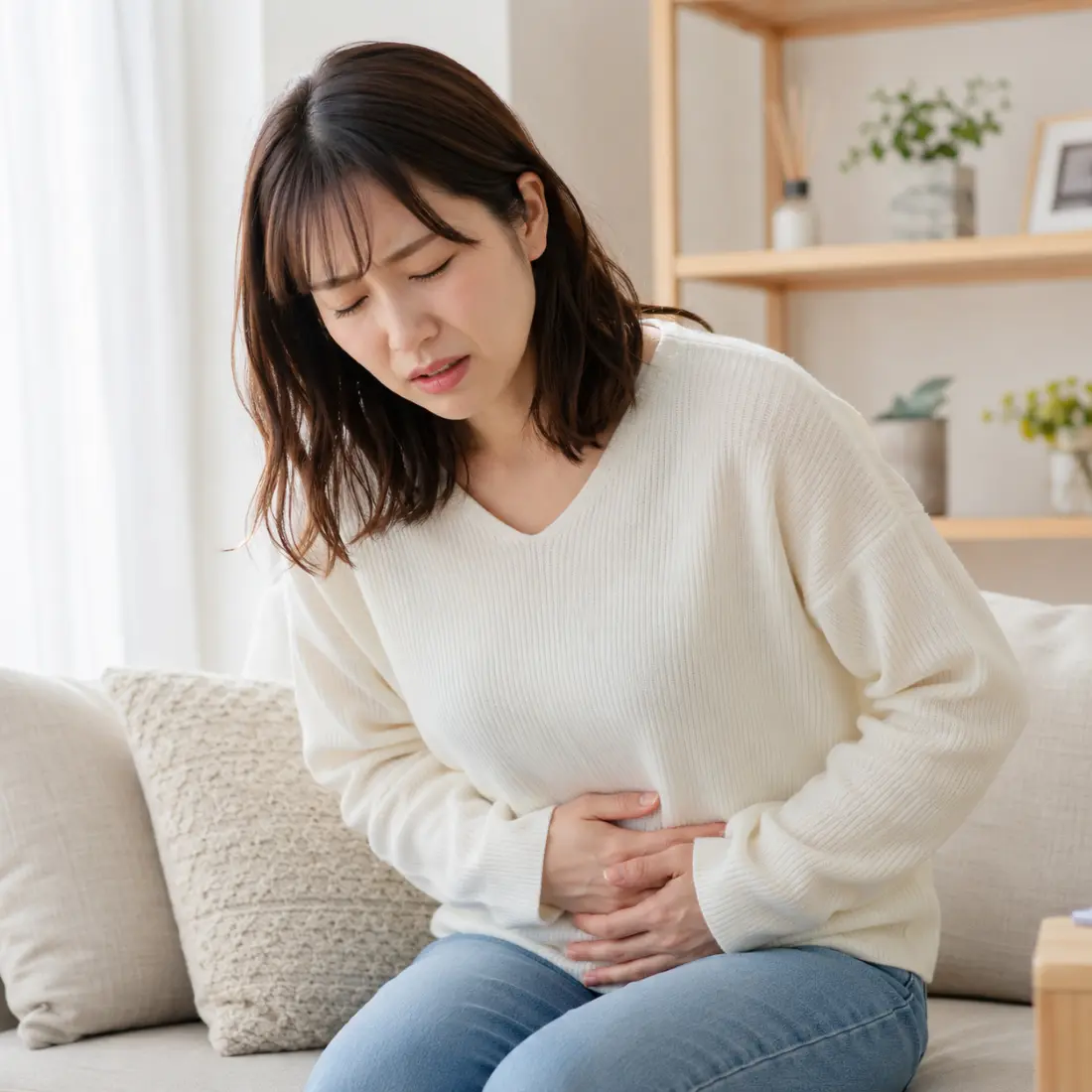 下腹部に手を当てる女性