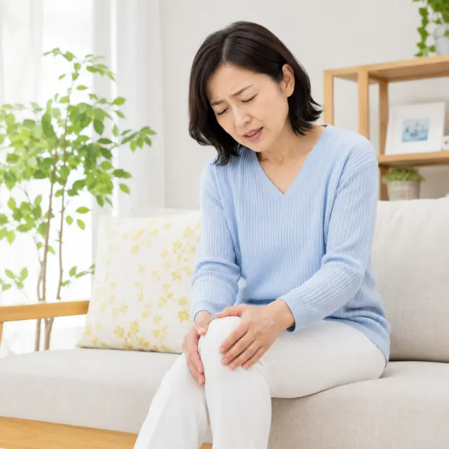 ソファーに座り膝に手を当てる女性