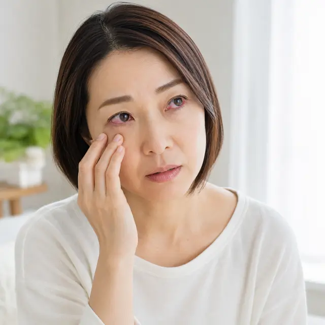 瞼を手で触る女性