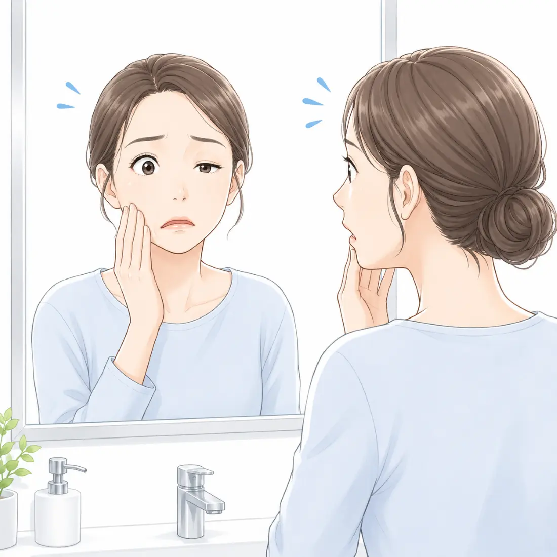 鏡で顔を見ている女性