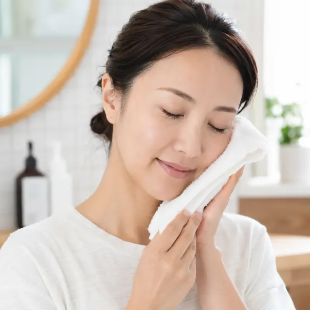 頬にタオルを当てる女性