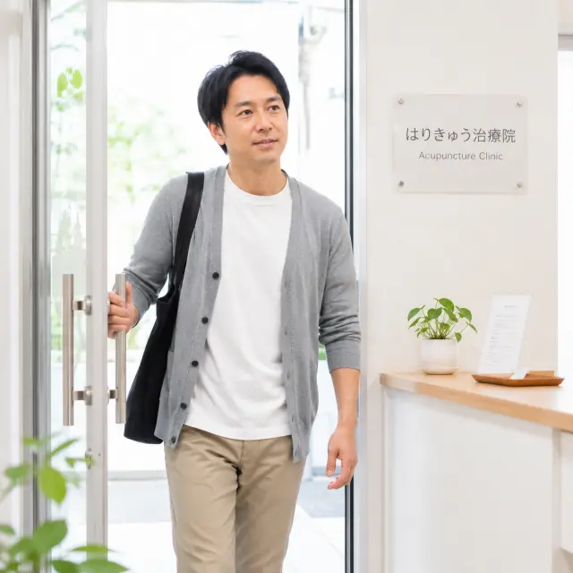 鍼灸院のドアを開け入る男性