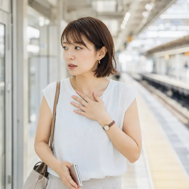 胸に手を当てる女性
