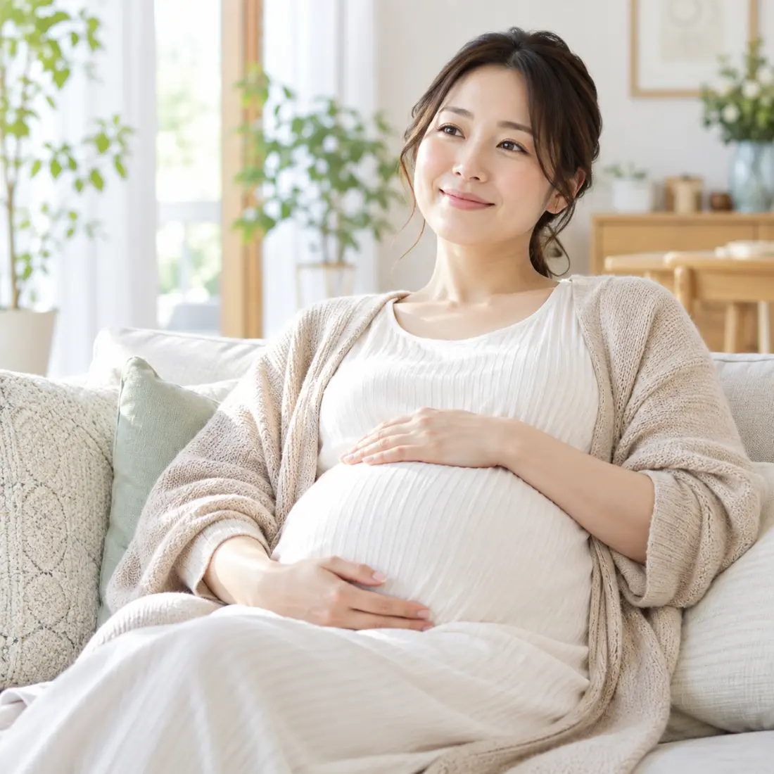 妊婦がソファーに座っている様子