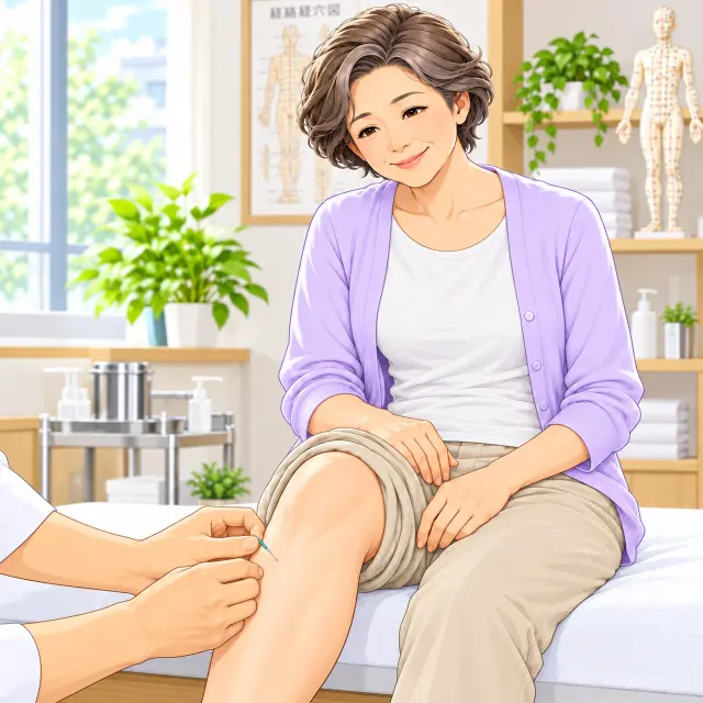 ベッドに座り膝の鍼治療を受ける女性