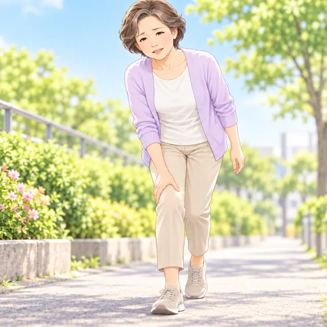歩行時に膝に手を当てる女性