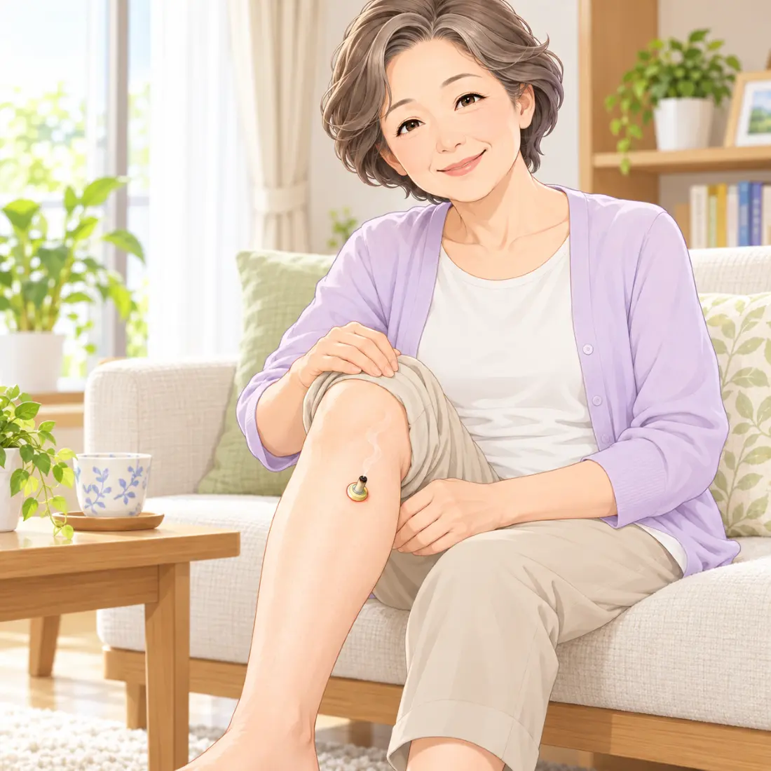 ソファーに座り膝にお灸をする女性